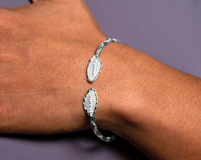 St Vincent Map Bangle Handmade in Sterling Silver with Diamante Pattern