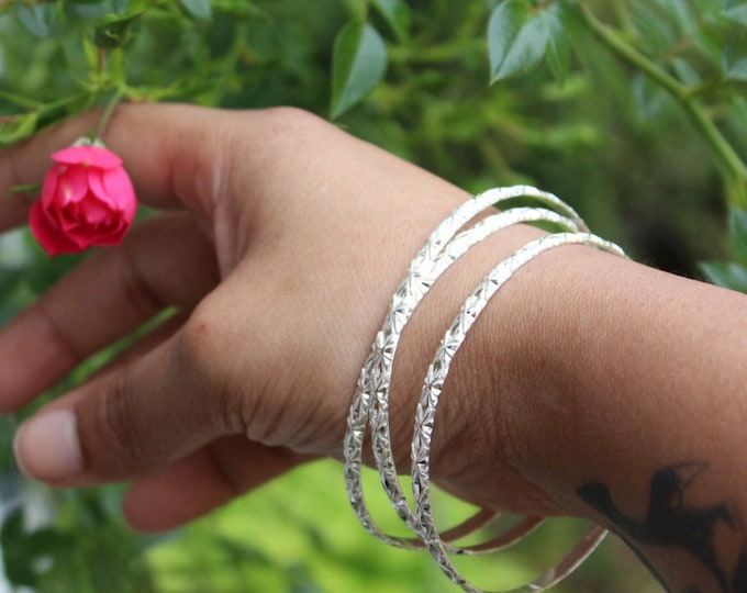Handmade Sterling Silver West Indian Jingle Bangle: Diamond Pattern, 4mm (Sold Individually)