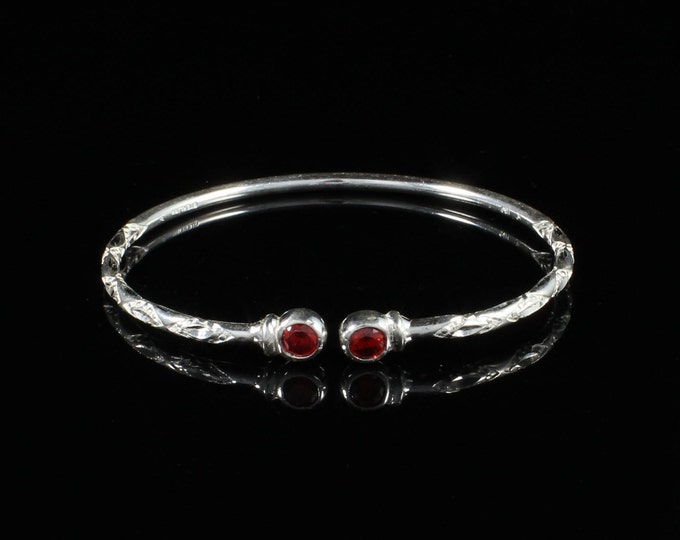 110 West Indian Bangle with Synthetic Garnet January Birthstone Handmade in Sterling Silver
