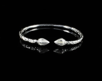 150 Thick West Indian Bangle with Calypso Pattern Cocoa Pod Ends Handmade in .925 Sterling Silver