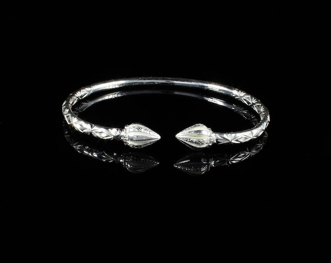 150 Thick West Indian Bangle with Calypso Pattern Cocoa Pod Ends Handmade in .925 Sterling Silver