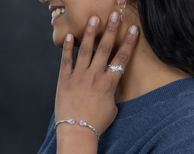 125 West Indian Bangle with Synthetic Light Amethyst June Birthstone Handmade in Sterling Silver