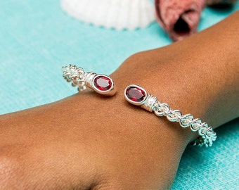 Braided Bangle with Lab Created Synthetic Garnet January Birthstones Handmade in sterling silver .925