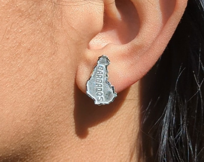 Barbados Map Stopper Stud Earrings in .925 Sterling Silver