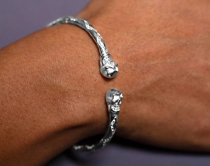Skull Bangle Handmade in Sterling Silver with Diamante Pattern