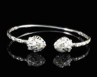 Handmade Sterling Silver Lion Head Bangle - West Indian Calypso Pattern