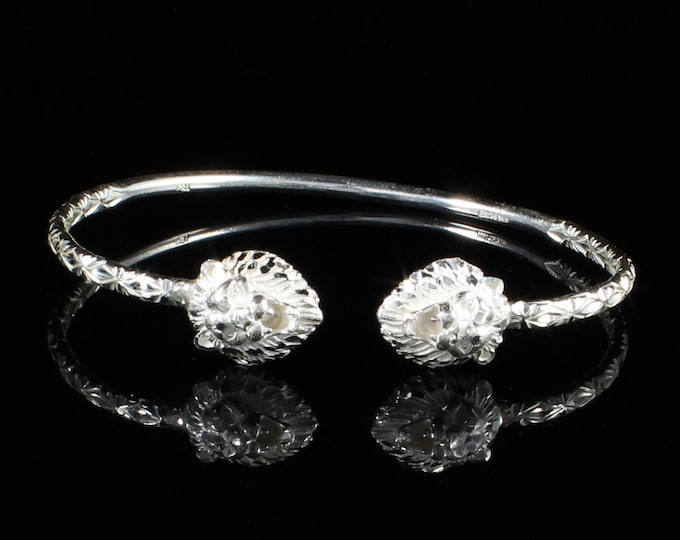 Handmade Sterling Silver Lion Head Bangle - West Indian Calypso Pattern