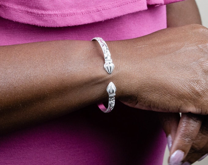 Handmade Sterling Silver West Indian Bangle: Grape Vine & Cocoa Pod