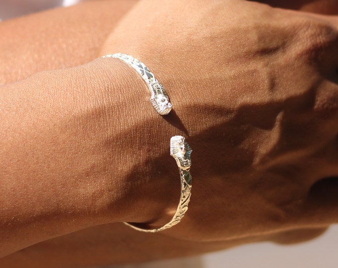 Handmade Sterling Silver West Indian Bangle: Egyptian Sphinx, Raised Swirl