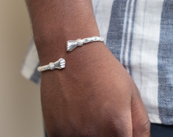 180 Thick West Indian Bangle with Fists Ends Handmade in .925 Sterling Silver