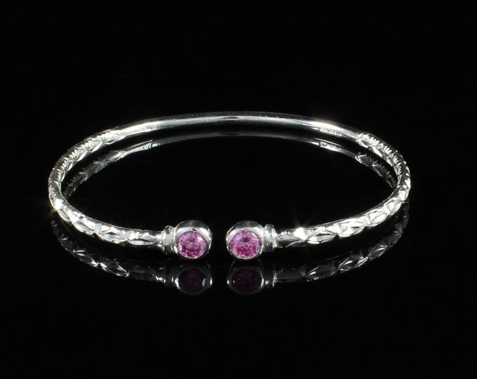 110 West Indian Bangle with Synthetic Pink CZ October Birthstone Handmade in Sterling Silver