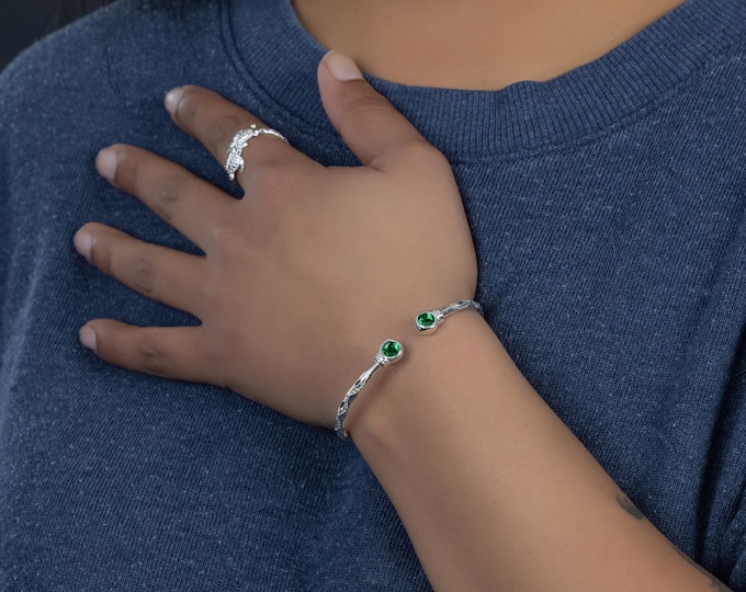 125 West Indian Bangle with Synthetic Emerald May Birthstone Handmade in Sterling Silver