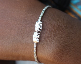 Very Light Handcrafted 925 Sterling Silver Elephant Bangle Bracelet with Calypso Pattern - Unisex West Indian Caribbean Jewelry