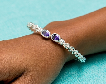 Braided Bangle with Lab Created Synthetic Amethyst February Birthstones Handmade in sterling silver .925