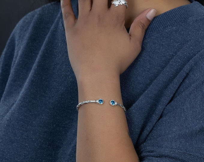 125 West Indian Bangle with Synthetic Blue CZ December Birthstone Handmade in Sterling Silver