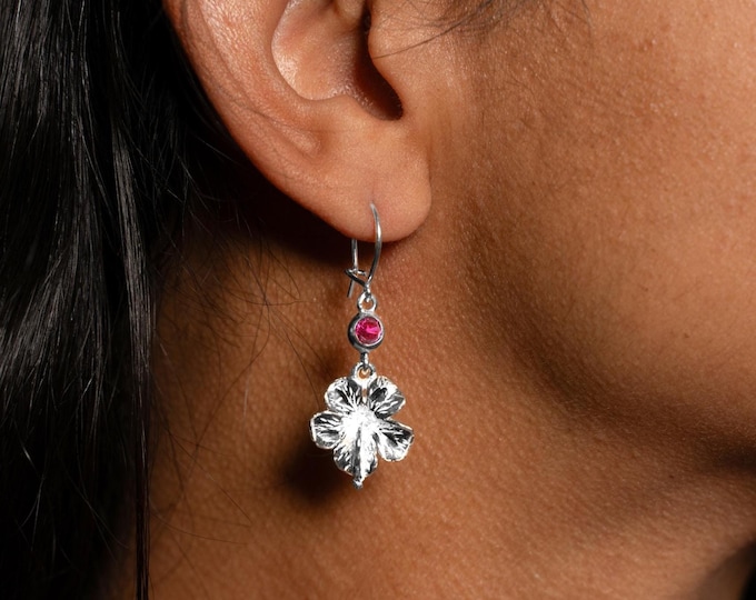 Birthstone Hibiscus Handcrafted Sterling Silver Earrings with Lab Grown Gemstones