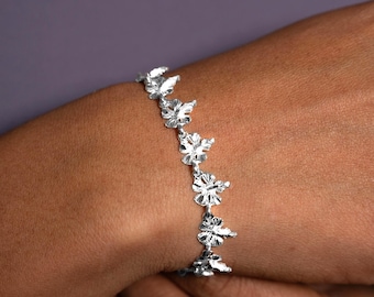 Adjustable Hibiscus Flower Chain Bracelet Handmade in 925 Sterling Silver