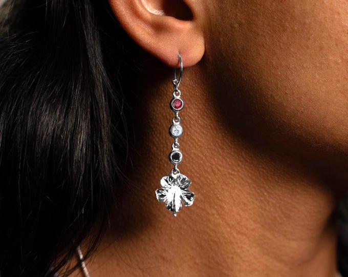 Large Hibiscus Flower with Red, White, and Black stones Earring in Sterling Silver