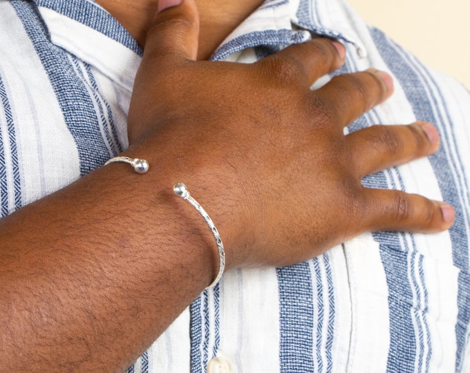 090 Solid Ball Handmade West Indian Bangle Calypso Pattern .925 Sterling Silver