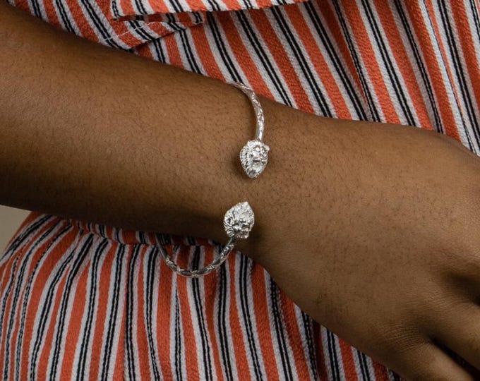 Lion Bangle Handmade in Sterling Silver with Diamante Pattern