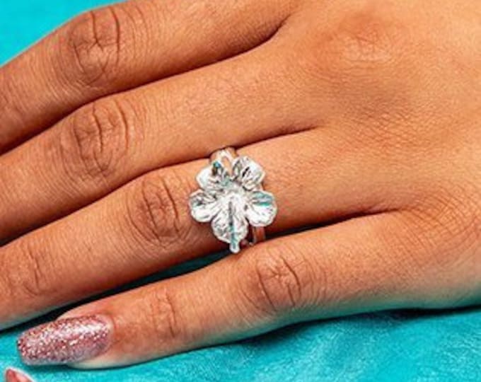 Solid Large Hibiscus Flower Ring made in 925 Sterling Silver