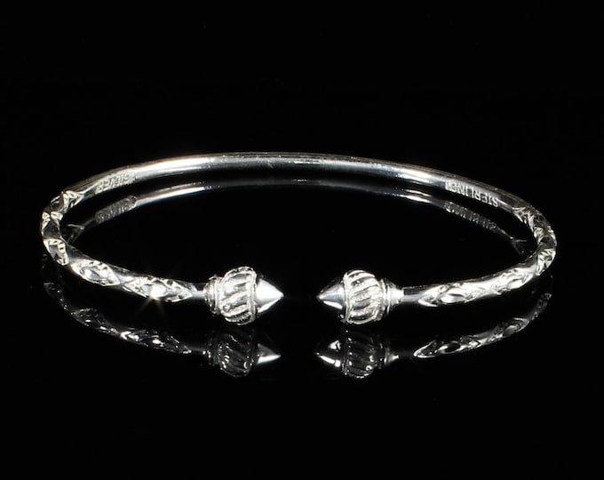 Sterling Silver West Indian Bangle: Diamante Pattern, Taj Mahal Ends