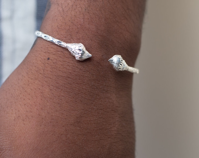 Conch Shell Bangle Handmade in Sterling Silver with Diamante Pattern