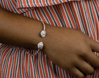 Sterling Silver Lion Head Bangle: West Indian Diamante Pattern