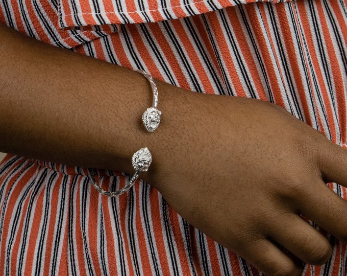 Sterling Silver Lion Head Bangle: West Indian Diamante Pattern