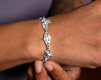 Humming Bird and Hibiscus Chain Bracelet Handmade in .925 sterling silver