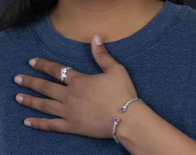 125 West Indian Bangle with Synthetic Amethyst February Birthstone Handmade in Sterling Silver