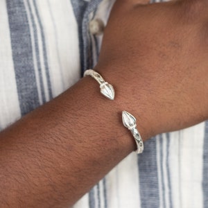 180 Thick West Indian Bangle with Cocoa Pod Ends Handmade in .925 Sterling Silver