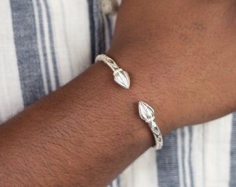 180 Thick West Indian Bangle with Cocoa Pod Ends Handmade in .925 Sterling Silver