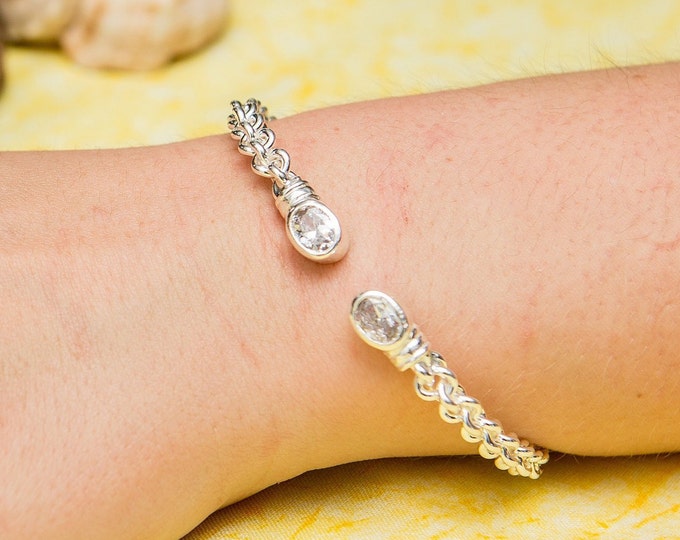 Handmade Sterling Silver Braided Bangle: White CZ April Birthstone