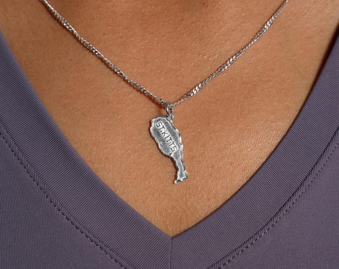 St Kitts Map Pendant with Chain in .925 Sterling Silver