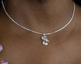 Grenada Nutmeg with Stem and Leaves Pendant with Chain 925 Sterling Silver