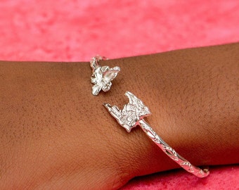 Sterling Silver West Indian Bangle: Trinidad Map & Hibiscus Flower