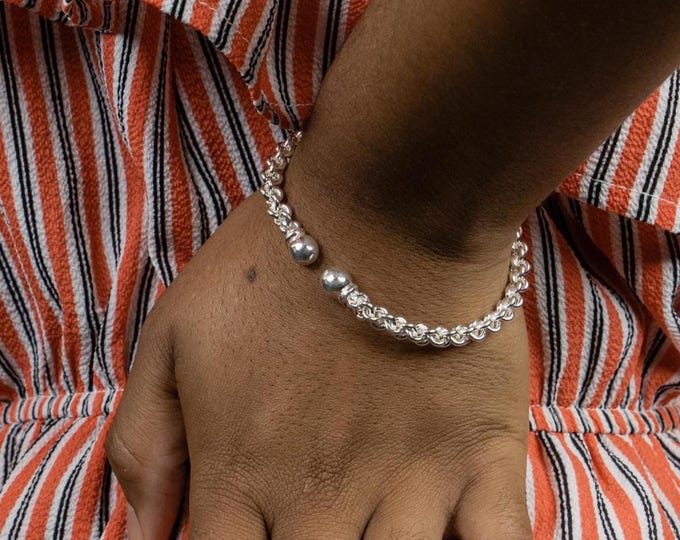 Braided Flexible Wire Bangle with Ball ends in Sterling Silver .925