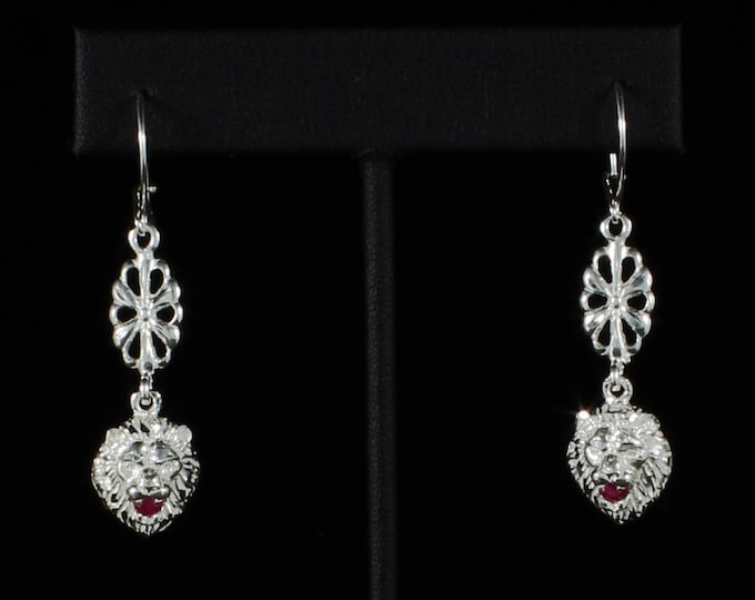 Lion Holding Red Stone in Mouth with Extender Flower Earring in Sterling Silver