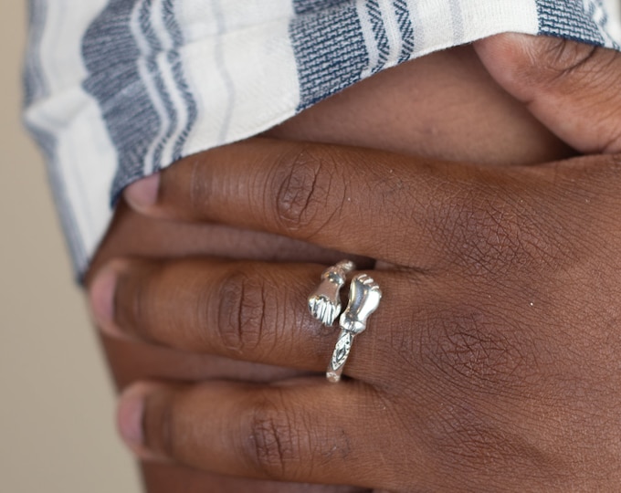 Thick Adjustable West Indian Bangle style Ring With Fists made in .925 Sterling Silver