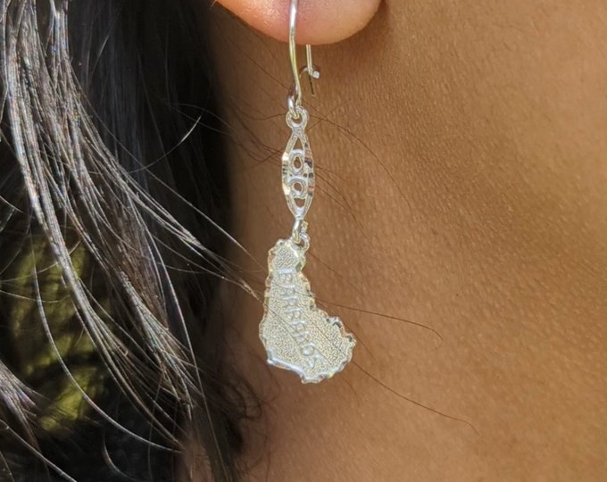 Barbados Map Long Hanging Earrings in .925 Sterling Silver