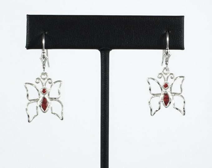 Sterling Silver Butterfly Earrings with Red Stones