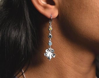 Large Hibiscus Flower with Black, Yellow, and Blue stones Earring in Sterling Silver