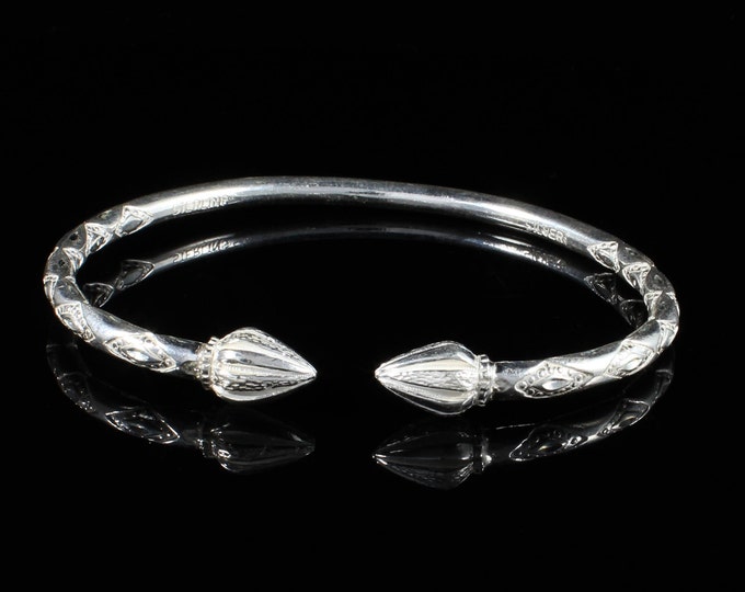 180 Thick West Indian Bangle with Cocoa Pod Ends Handmade in .925 Sterling Silver
