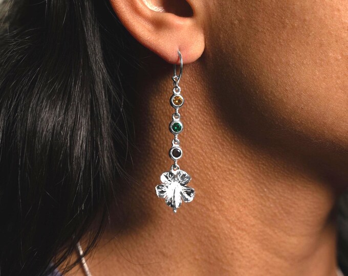 Large Hibiscus Flower with Green, Yellow, and Black stones Earring in Sterling Silver