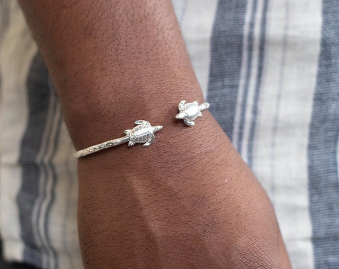 Sea Turtle Bangle Handmade in Sterling Silver with Diamante Pattern