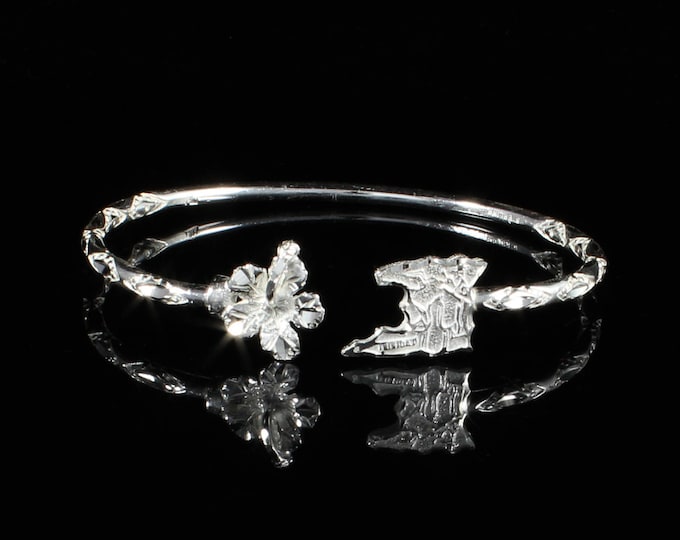 Sterling Silver West Indian Bangle: Trinidad Map & Hibiscus Flower