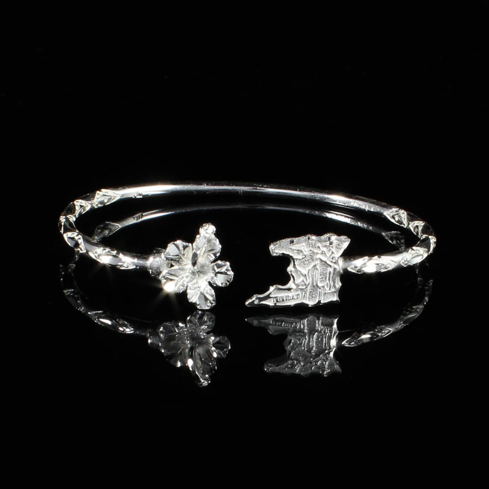 110 West Indian Bangle made in Sterling Silver .925 with Trinidad Map and Hibiscus Flower heads and Diamante Pattern
