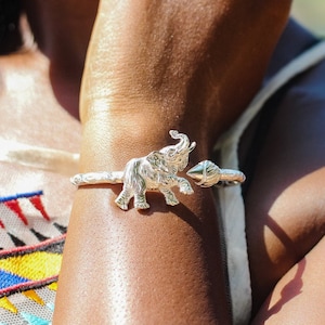 180 Gauge Handmade West Indian Bangle Taj Mahal and Elephant with Raised Trunk  in .925 Sterling Silver