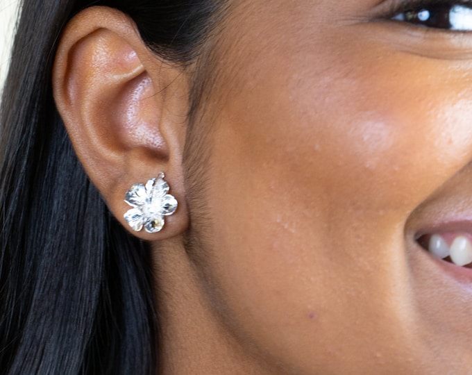 Large Hibiscus Stopper Stud Earrings in .925 Sterling Silver